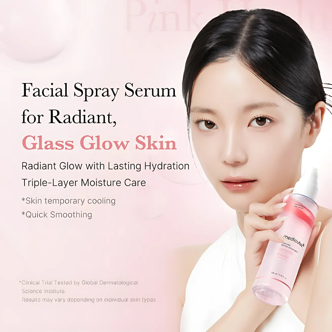 Medicube PDRN Pink Glutathione Serum Mist 100ml, a facial mist bottle with pink and clear design for skin hydration and brightening.
