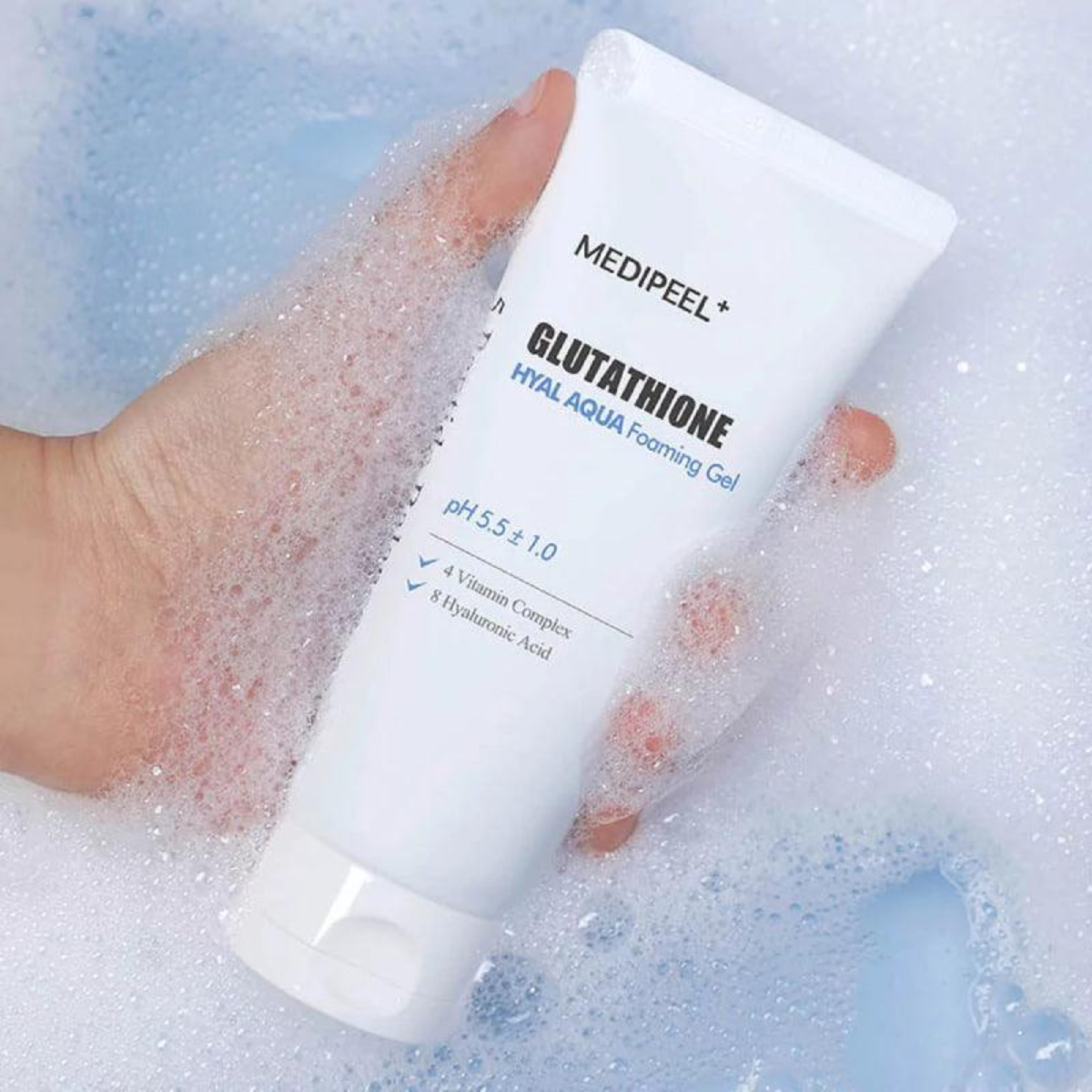 Medipeel Glutathione Hyal Aqua Foaming Gel Cleanser in 150ml, gentle foam and gel cleanser for skin purification and hydration.