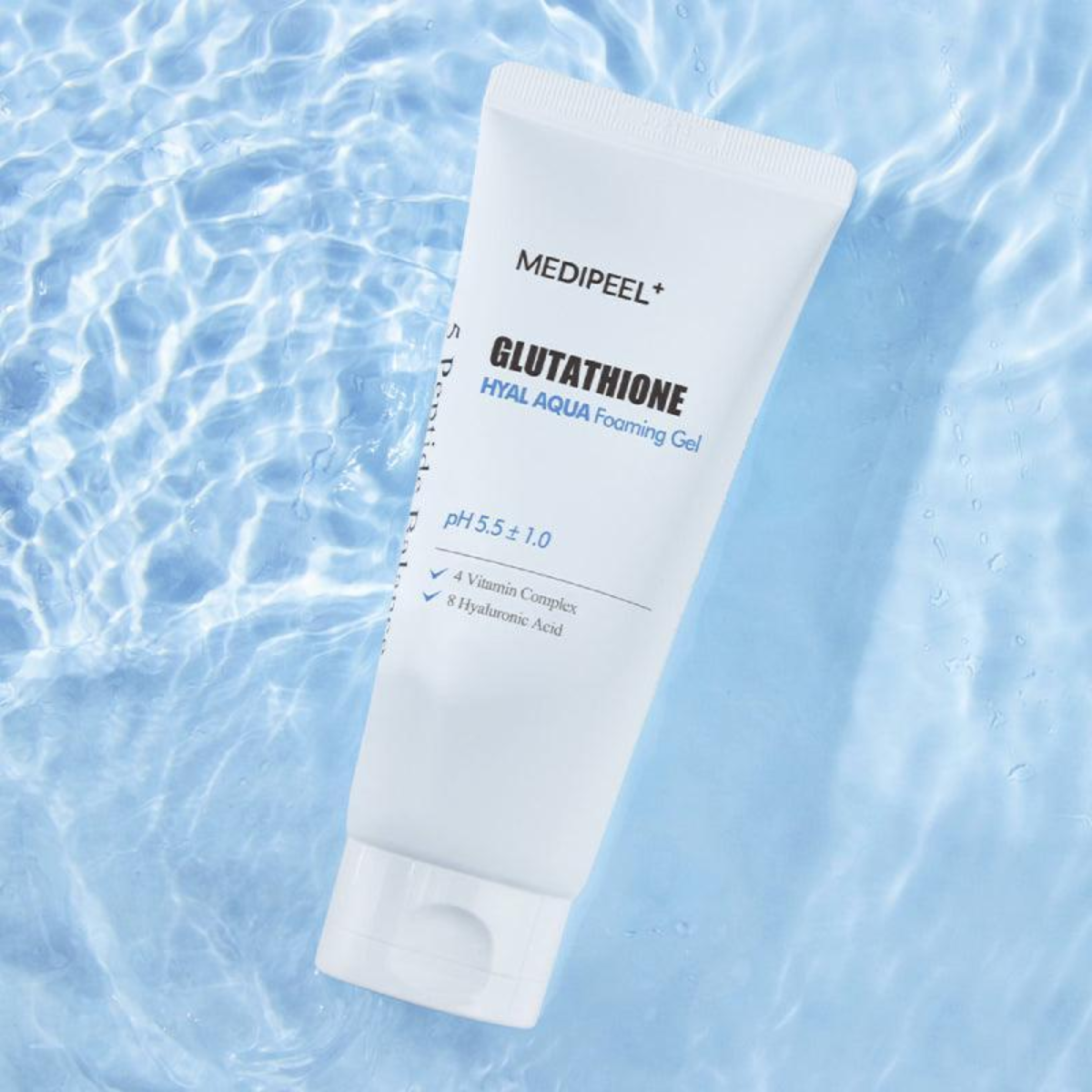 Medipeel Glutathione Hyal Aqua Foaming Gel Cleanser 150ml in a clear bottle, showing the foaming gel texture for gentle facial cleansing.