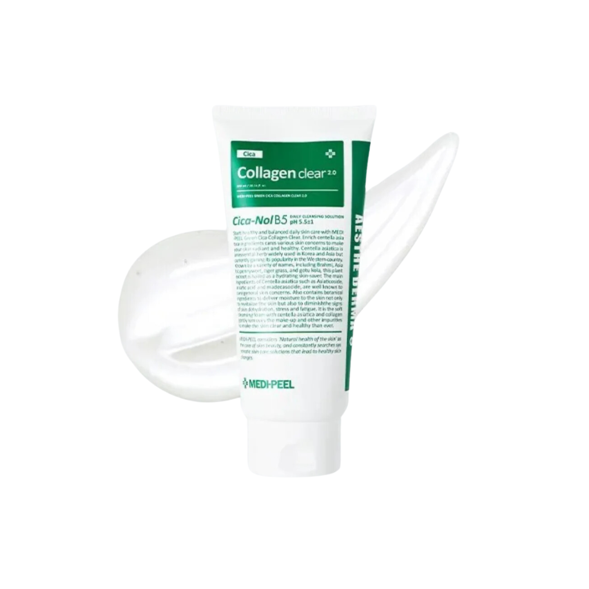 Green Cica Collagen Clear 2.0 gel and foam cleanser by MEDIPEEL+ in a 120ml bottle, with a clean, minimalist design and green accents.