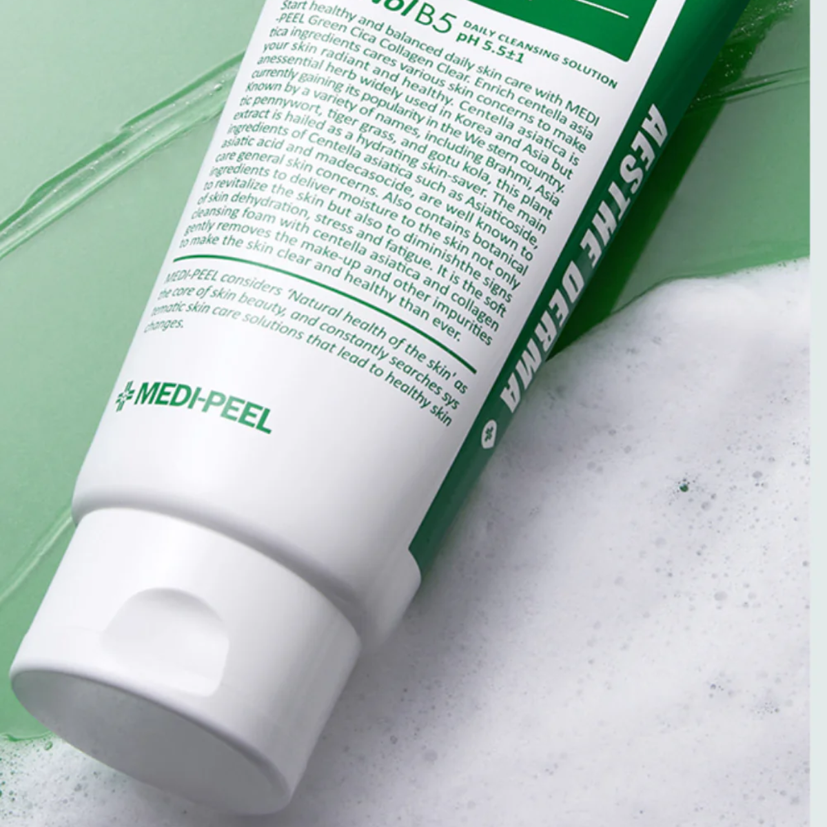 Green Cica Collagen Clear 2.0 gel and foam cleanser from MEDIPEEL+ in a 120ml bottle, featuring a green and white label.