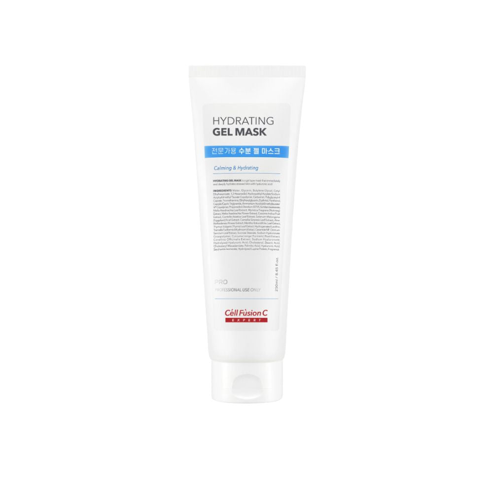 Cell Fusion C Expert Pro Hydrating Gel Mask 250ml, wash-off mask in a clear jar with a gel texture and skincare ingredients.