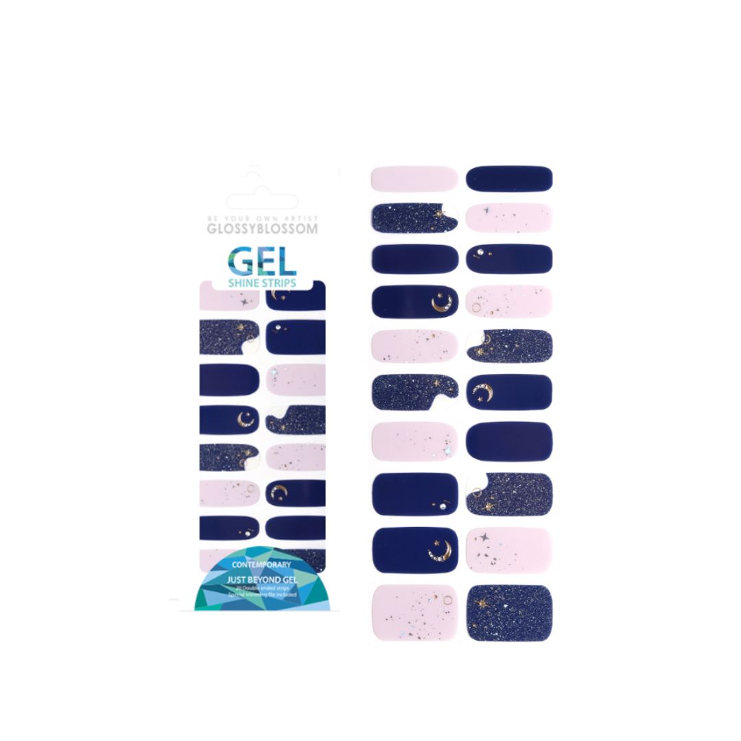 Glossy Blossom Gel Nail Strips in Midnight Sky with galaxy-inspired dark blue and starry design, perfect for stylish manicures.