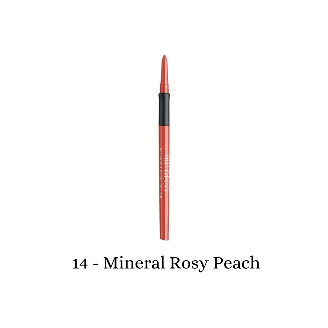 ARTDECO Mineral Lip Styler lip liner in mineral rosy peach, showing the pencil with its soft, natural shade and packaging.