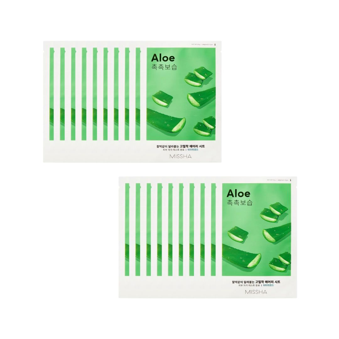 Missha Airy Fit Sheet Mask Aloe bundle with 20 masks, lightweight and hydrating facial sheet masks for soothing skincare.