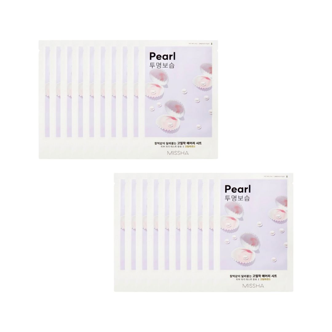 Missha Airy Fit Sheet Mask Pearl bundle with 20 masks, designed for lightweight hydration and brightening skincare.