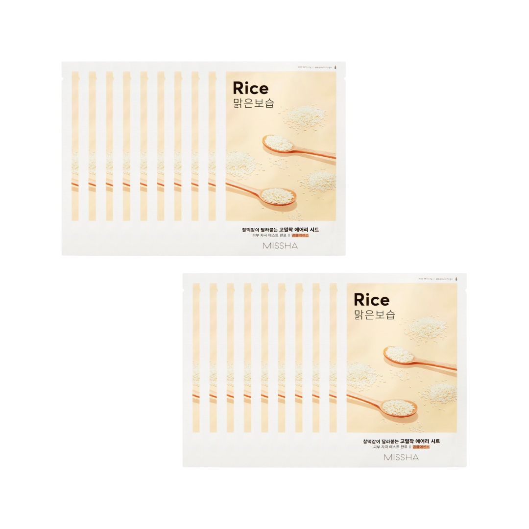 Missha Airy Fit Sheet Mask with rice extract, 20-pack bundle, hydrating skincare masks on display.