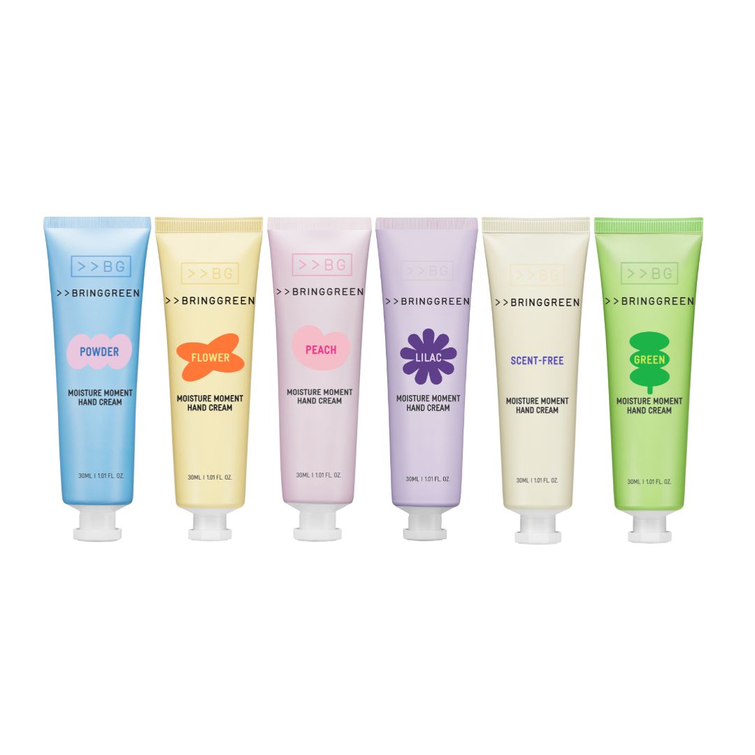 Bring Green Moisture Moment Hand Cream in green tube, 30ml, with a smooth, nourishing formula for soft, hydrated hands.