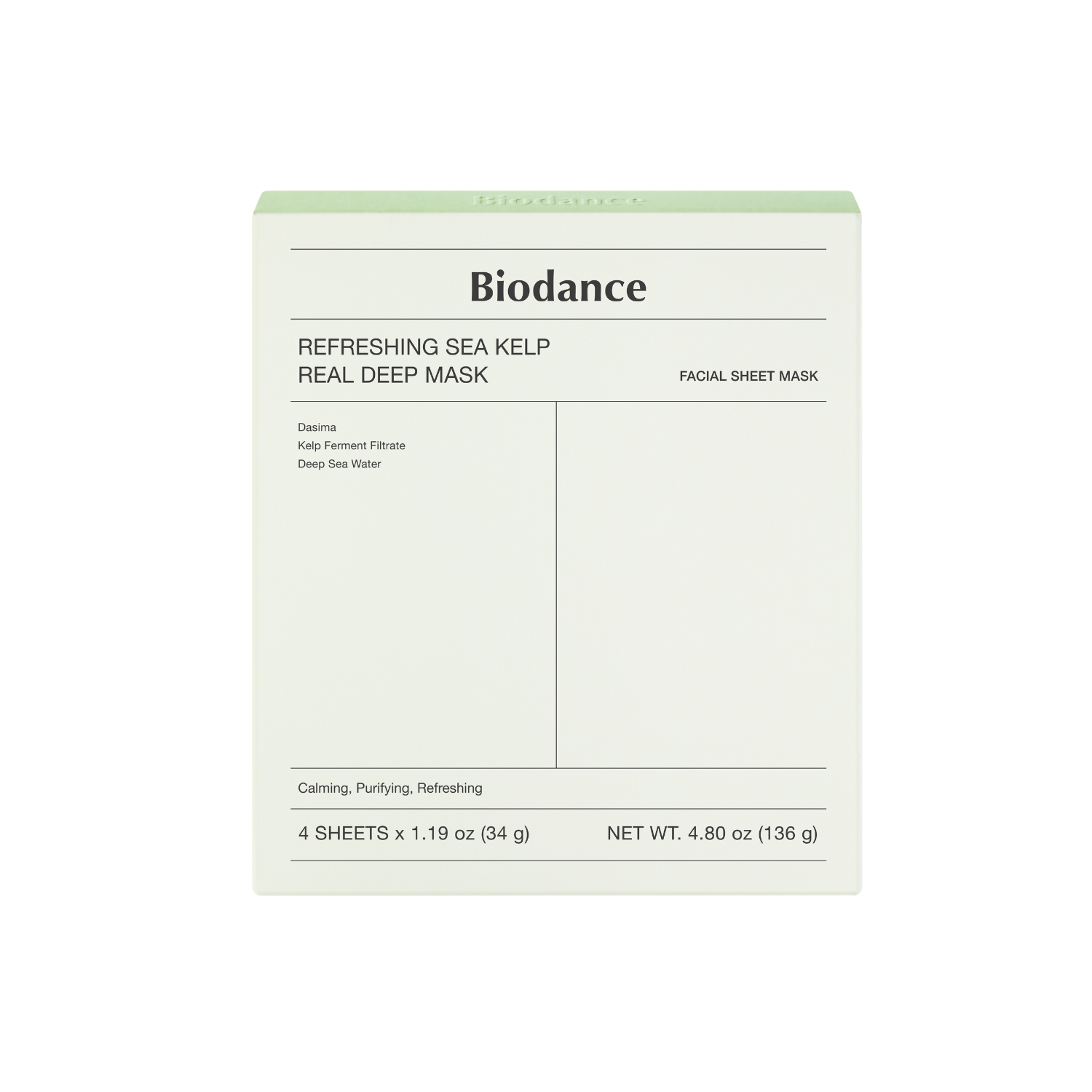 Biodance sea kelp sheet mask box with four deep moisturizing masks for revitalizing skin.