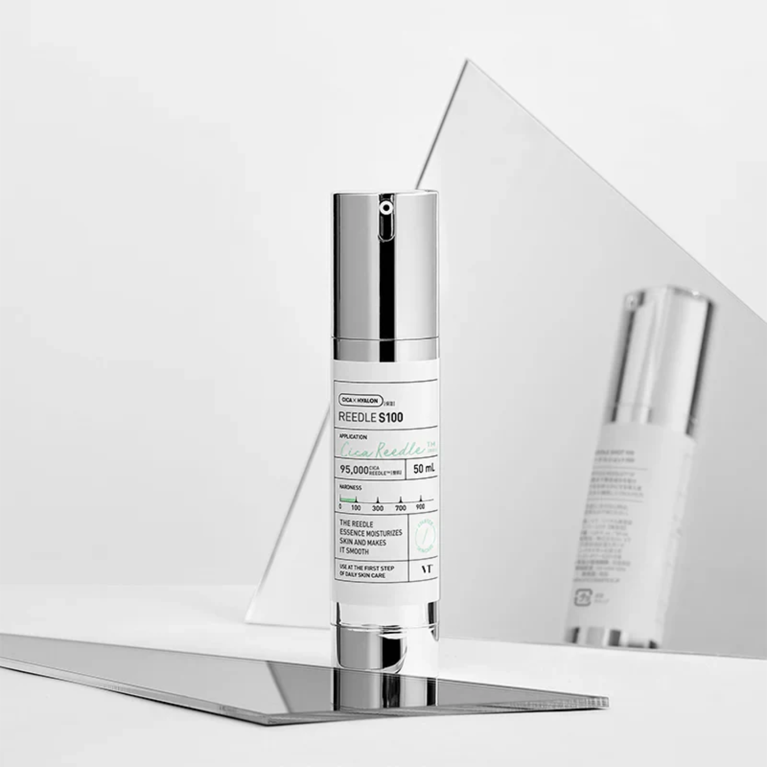 VT Cosmetics Reedle Shot 100 Essence 50ml bottle with clear liquid inside, showcasing the skincare product on a white background.