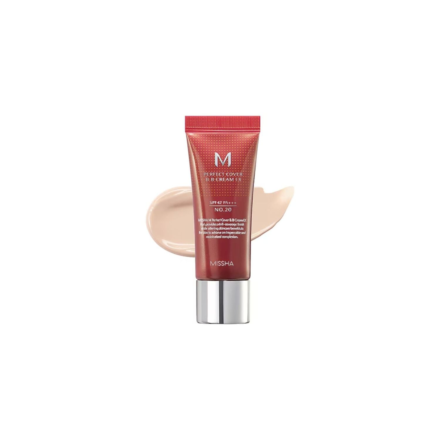 Missha M Perfect Cover BB Cream EX in 20ml tube, showcasing smooth, light beige color and sleek packaging.