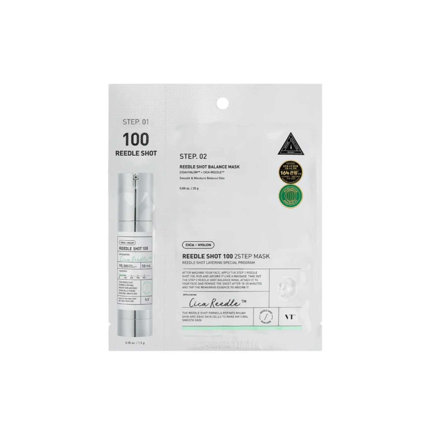 VT Cosmetics Reedle Shot 100 2Step Mask sheet mask with hydrating and nourishing ingredients, displayed on a white background.