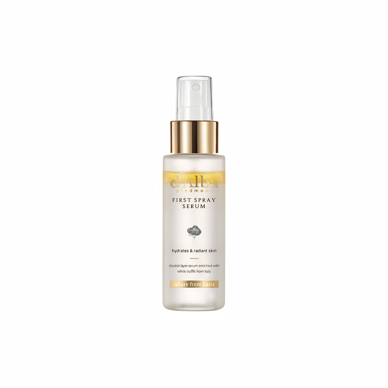 d'Alba White Truffle First Spray Serum face mist with a clear spray bottle and label, designed for luminous skin.