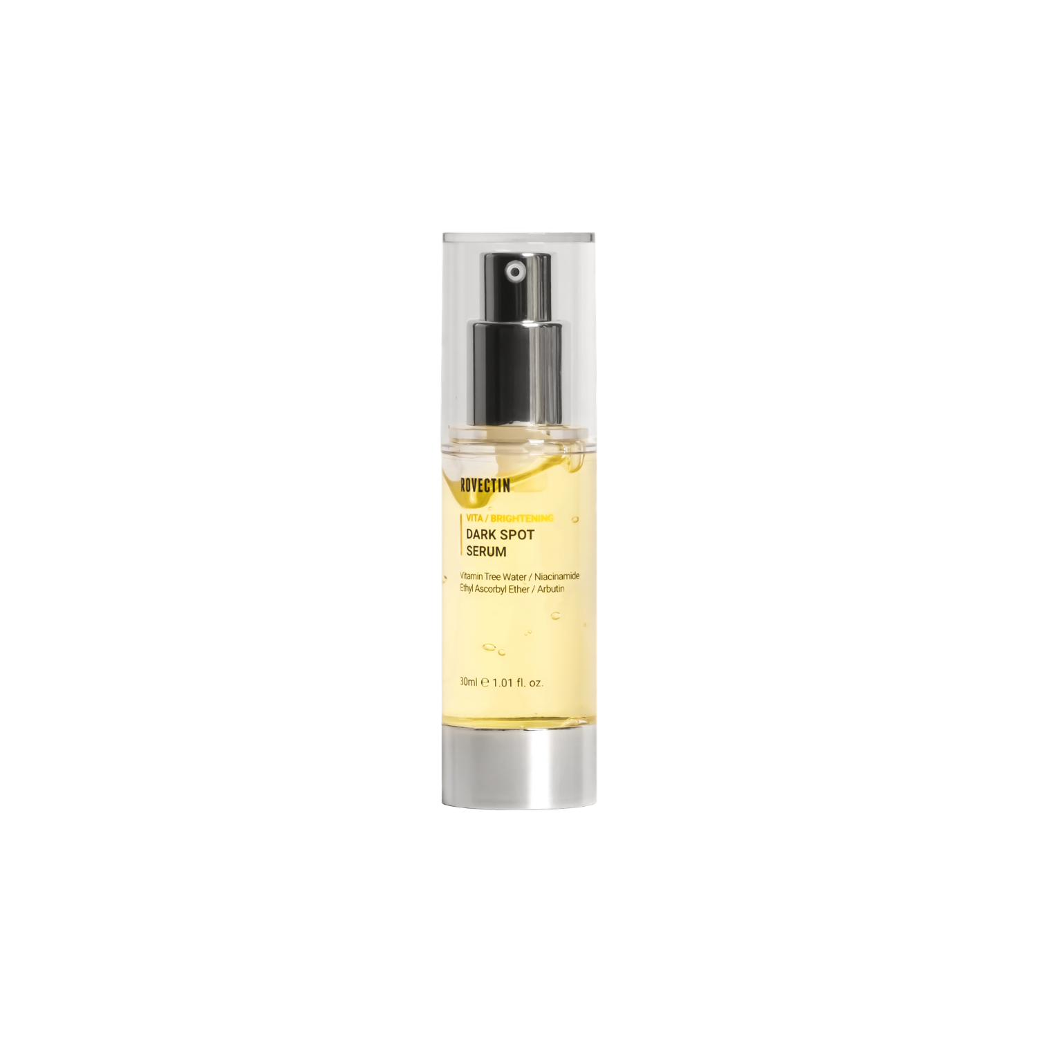 Vita Dark Spot Serum by Rovectin in a 30ml bottle, featuring a clear glass container with the serum inside.
