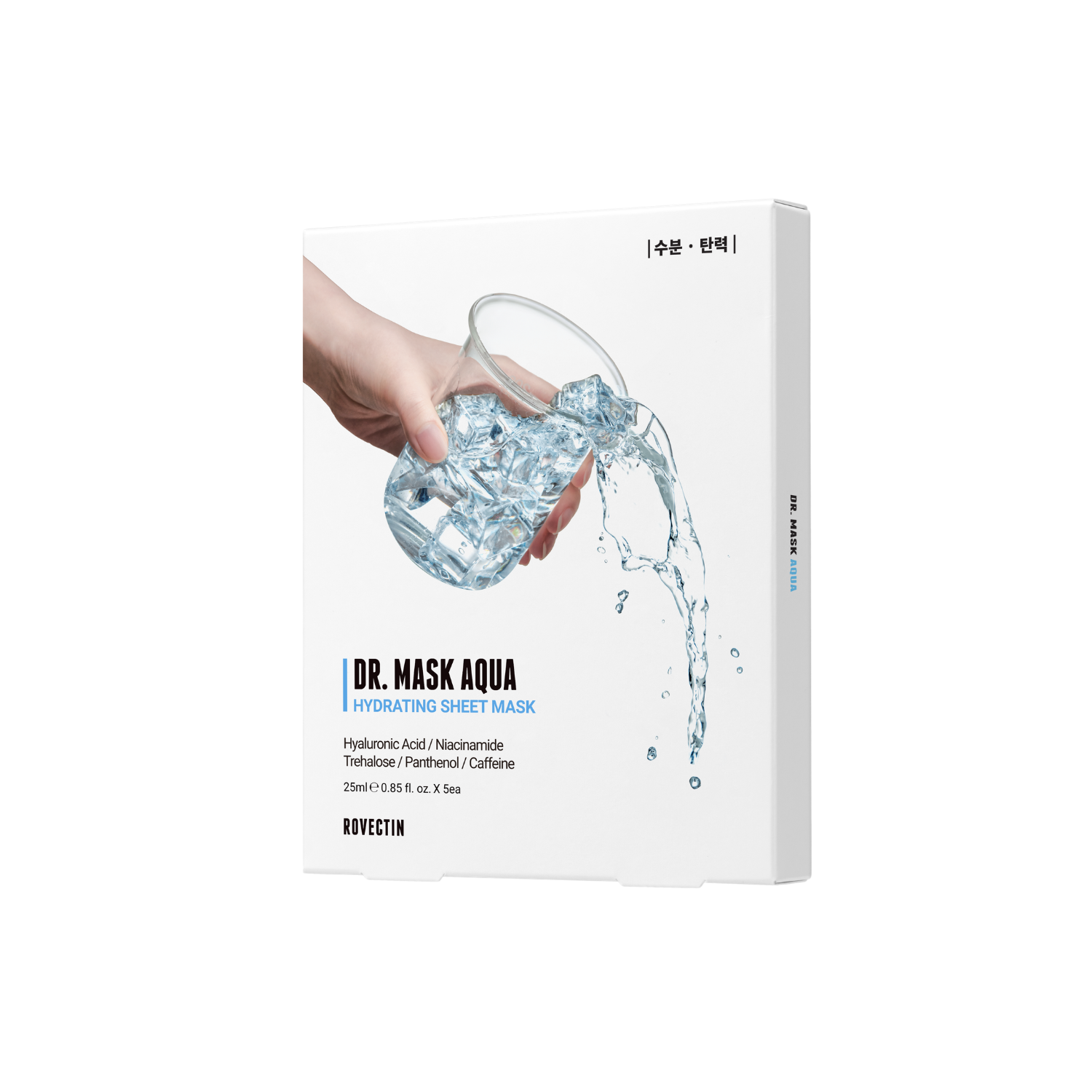Rovectin Dr. Mask Aqua Box sheet masks, 5-piece set with hydrating and soothing skincare ingredients, displayed in the package.