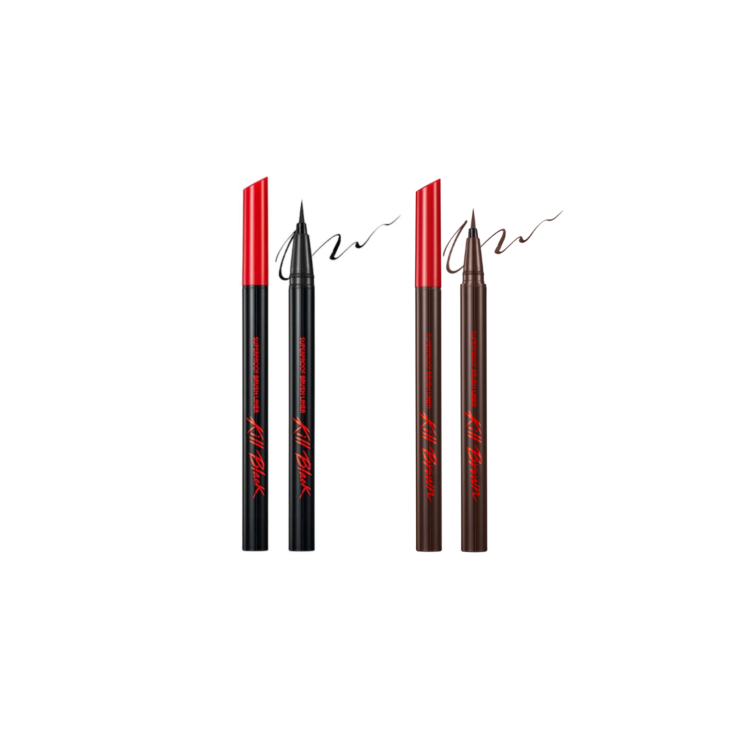 Clio Superproof Brush Liner liquid eyeliner in two shades, featuring precise brush tip for defining eye looks.
