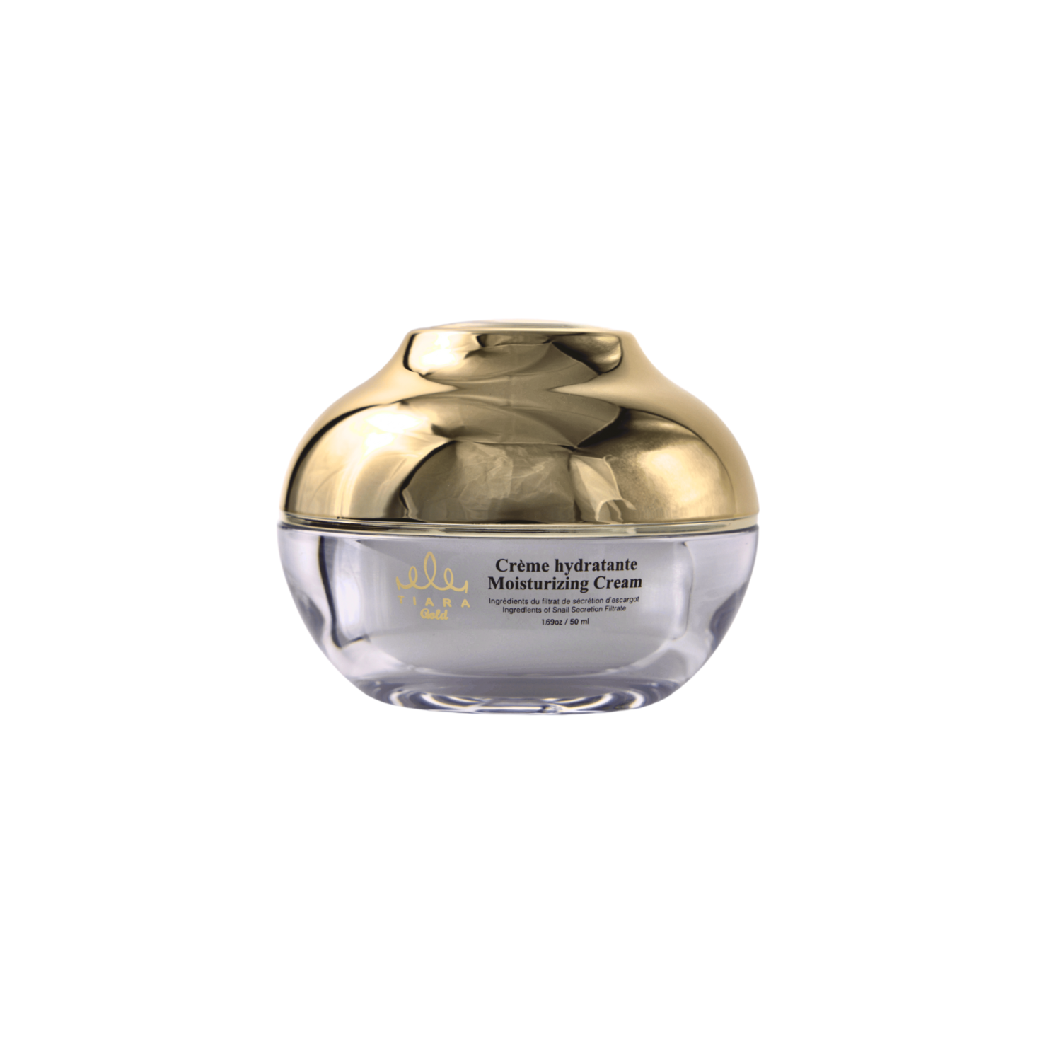 Tiara Gold Creme Hydratante Moisturizing Cream in 50ml jar, smooth face moisturizer with a white and gold packaging design