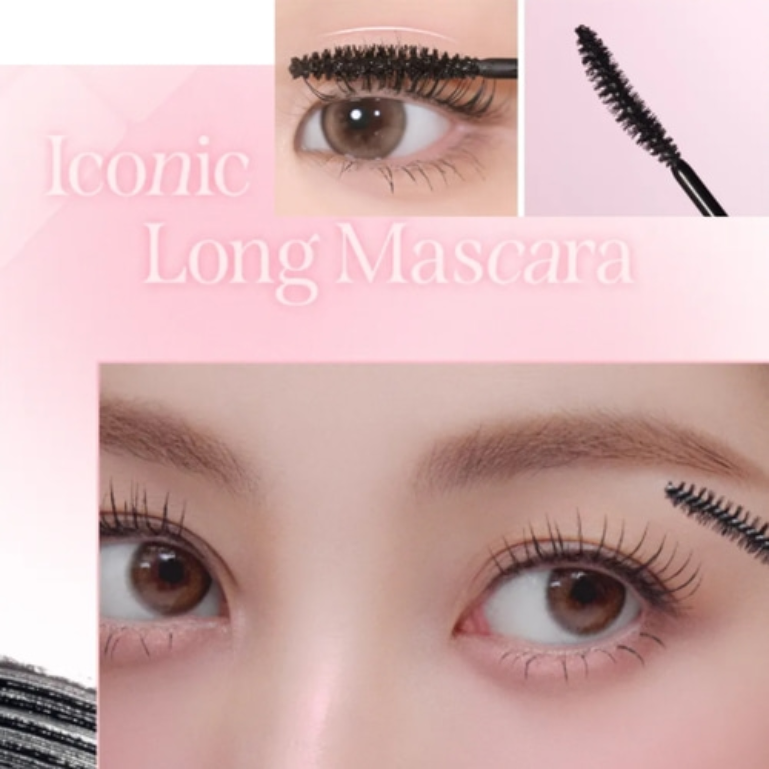 Black Iconic Long Mascara by Milk Touch shown on a model with long, voluminous lashes. Perfect for enhancing eye definition.