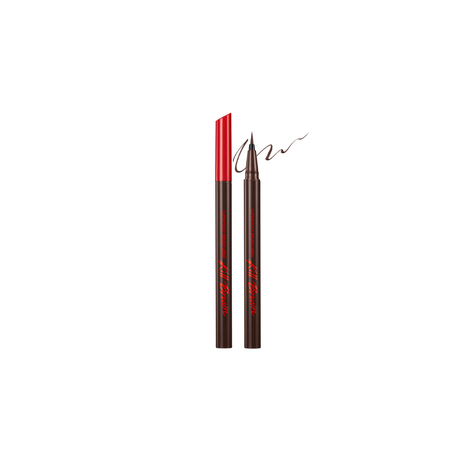Clio Superproof Brush Liner liquid eyeliner in two shades, featuring precise brush tip and sleek black packaging.