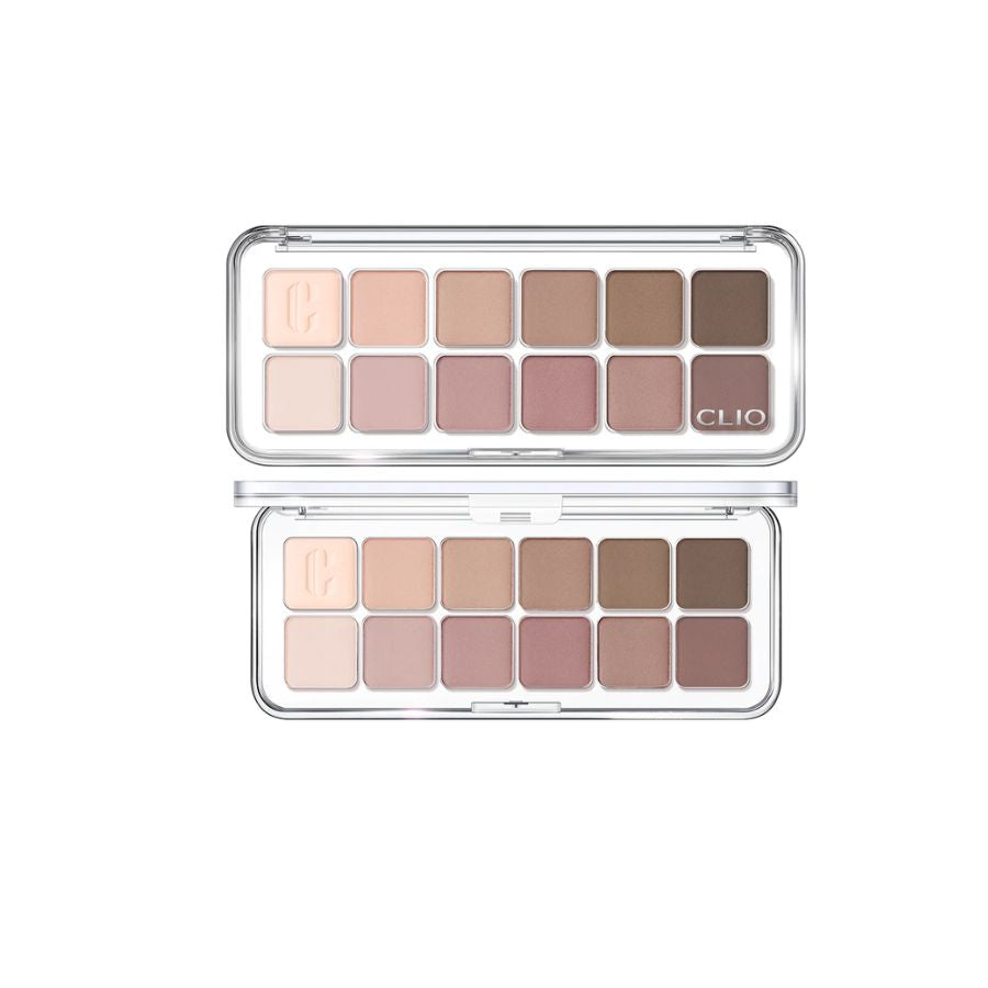Clio Pro Eye Palette Air eyeshadow with neutral and metallic shades, featuring a sleek compact with multiple color options.