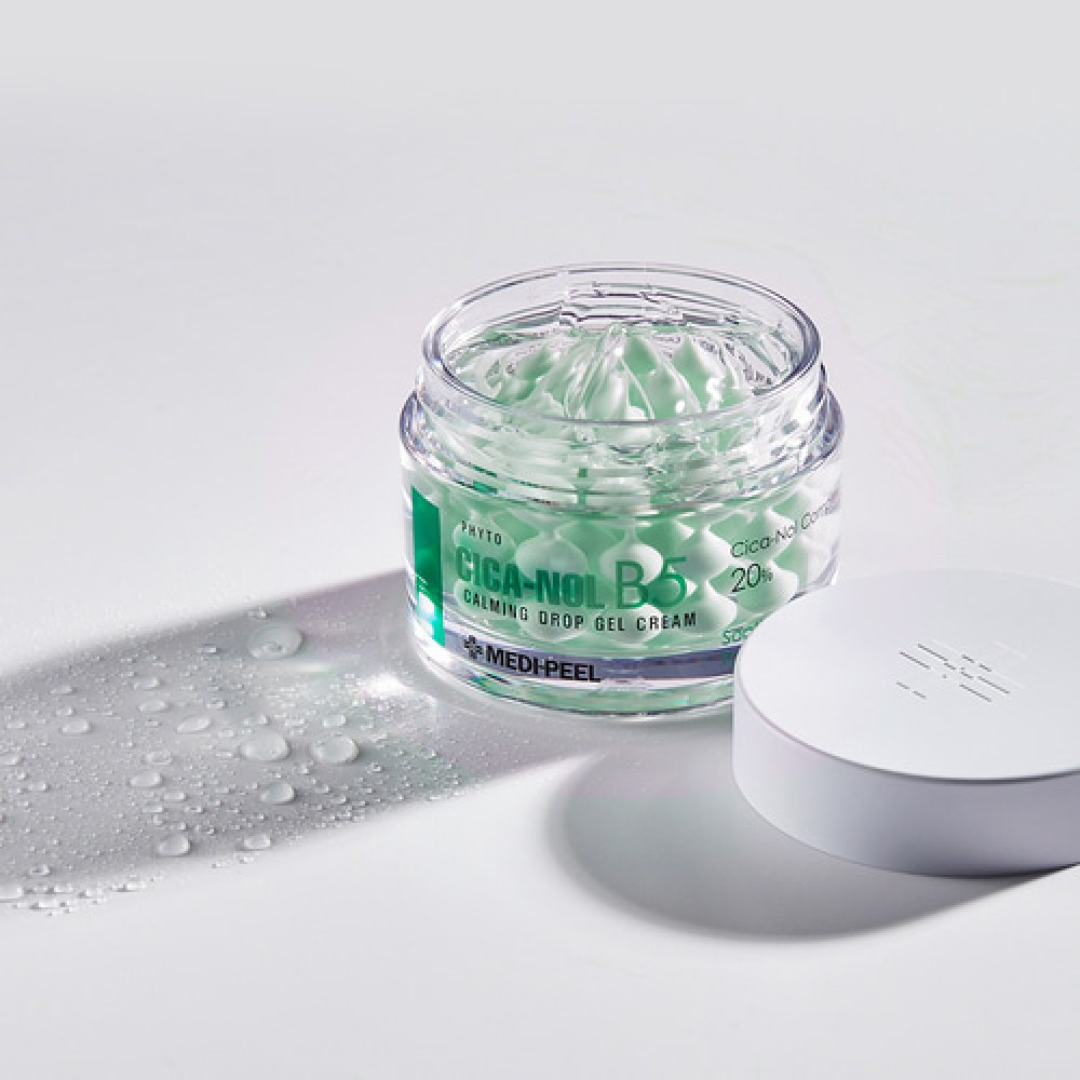 MEDIPEEL+ Cica-Nol B5 Calming Drop Gel Cream face moisturizer in a 50g jar with a smooth, soothing gel texture.