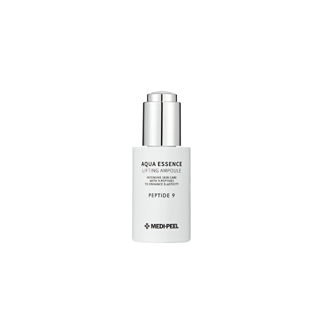 MEDIPEEL+ Peptide 9 Aqua Essence Lifting Ampoule 50ml in a clear glass bottle with a white pump dispenser and minimalist label.