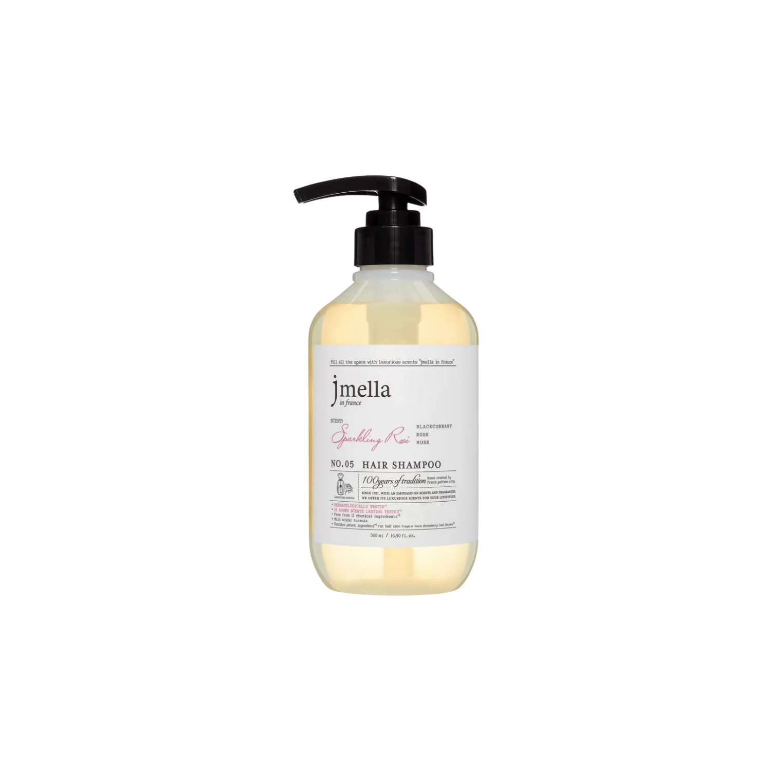 Jmella Sparkling Rose Hair Shampoo bottle with pink and white floral design, showcasing a luxurious hair care product.