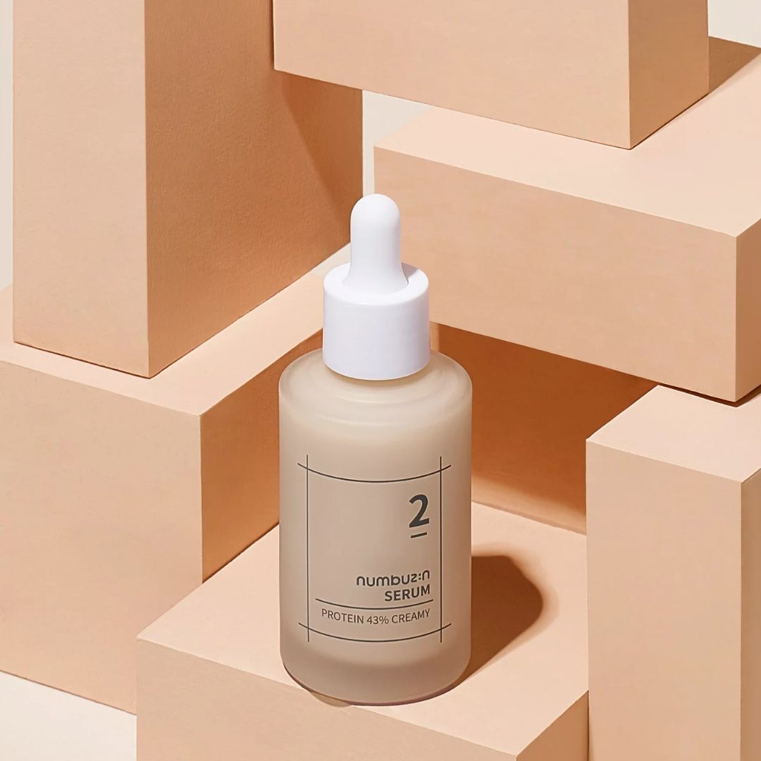 Numbuzin No. 2 Protein 43% Creamy Serum 50ml bottle with white pump dispenser and label, designed for skincare hydration and nourishment.