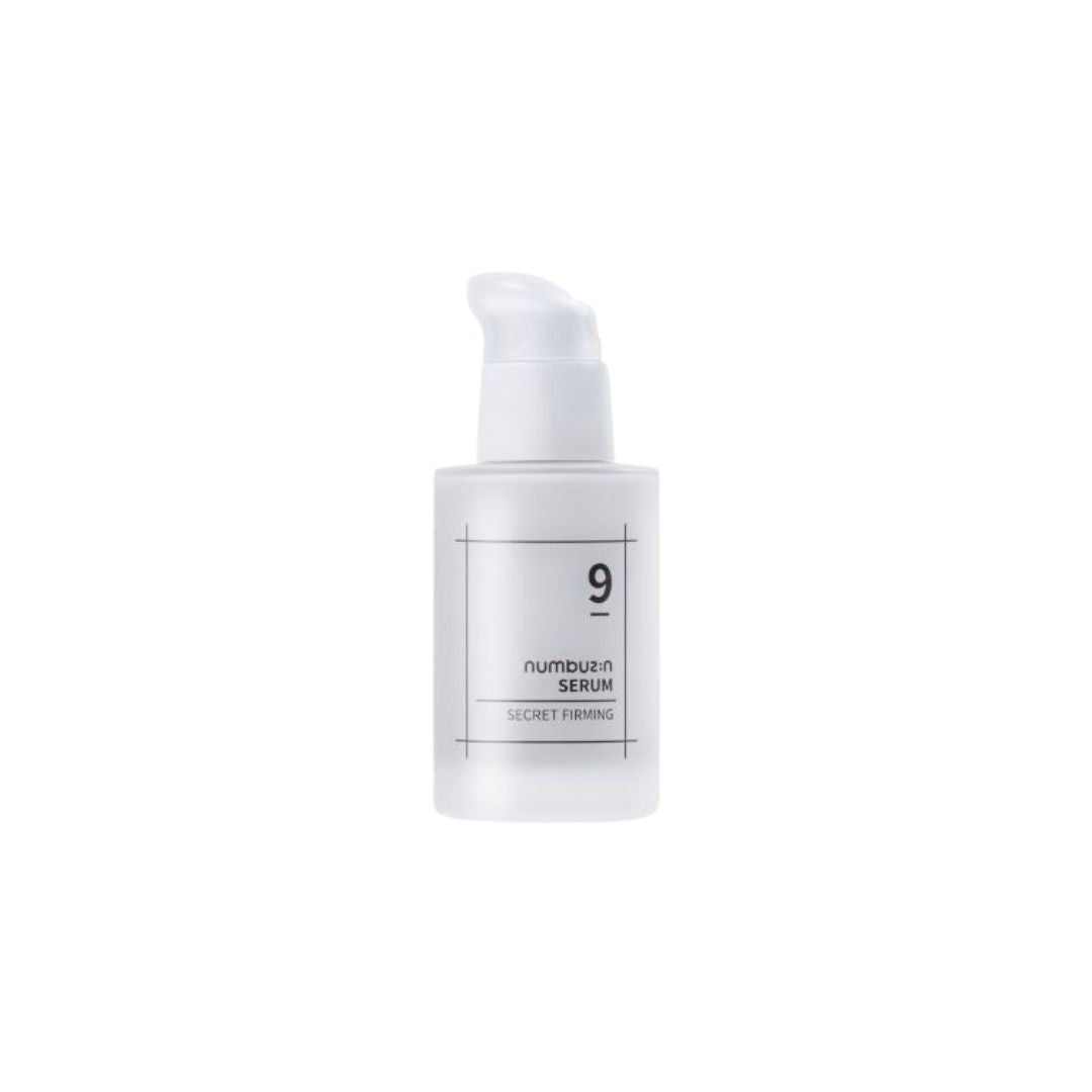 Numbuzin No.9 Secret Firming Serum in a 50ml bottle, showcasing sleek packaging and product label on a white background.