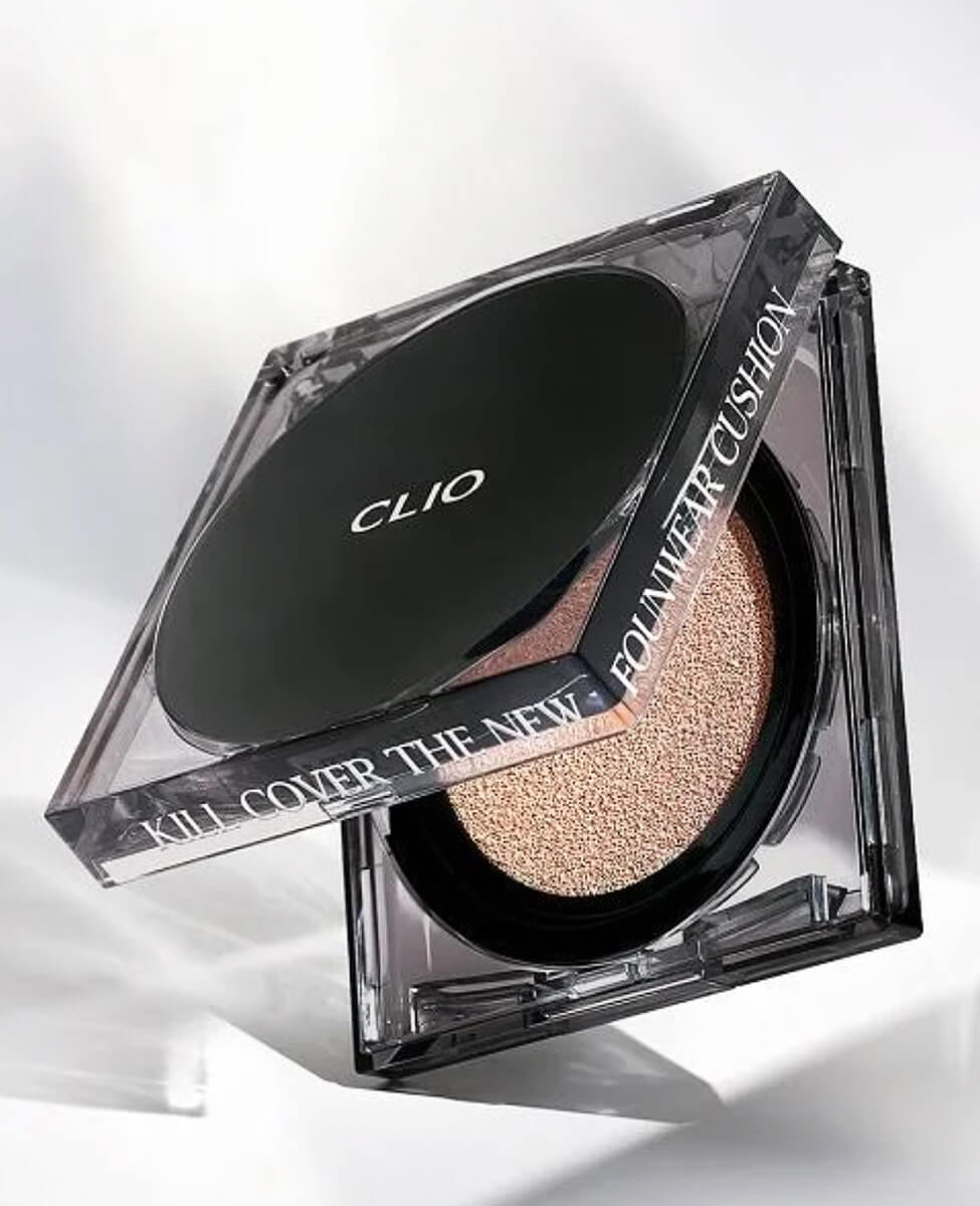 Clio Kill Cover The New Foundwear Cushion Mini foundation compact with open cushion pad and sleek packaging.