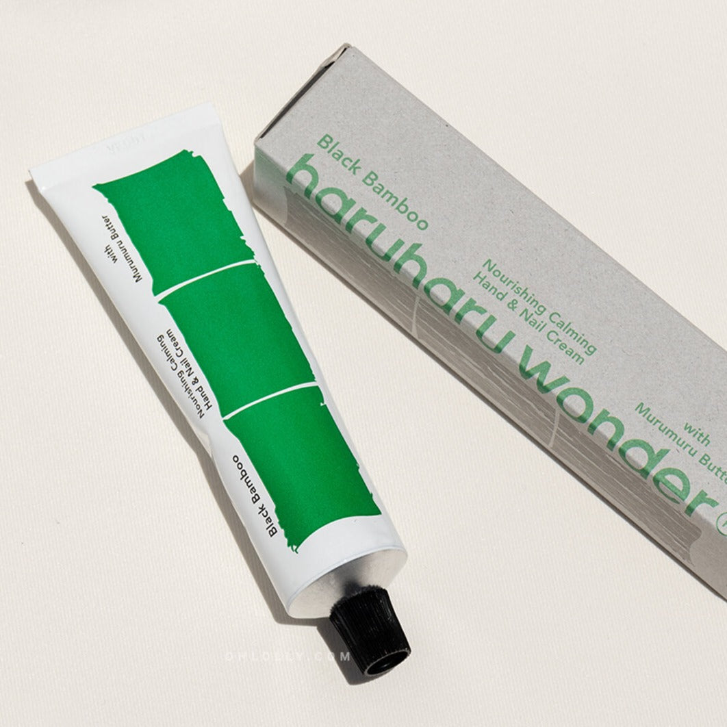 Black Bamboo Nourishing Hand and Nail Cream by Haruharu Wonder, 50ml, showing the cream tube and natural bamboo imagery.