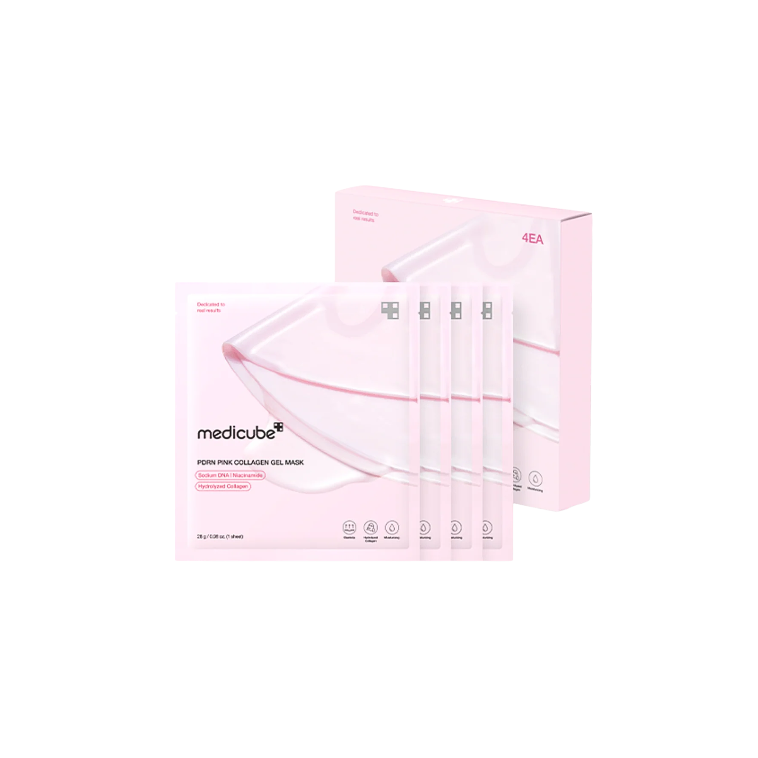 Box of four Medicube PDRN Pink Collagen Gel Masks, sheet masks with pink packaging and collagen infusion for skin hydration