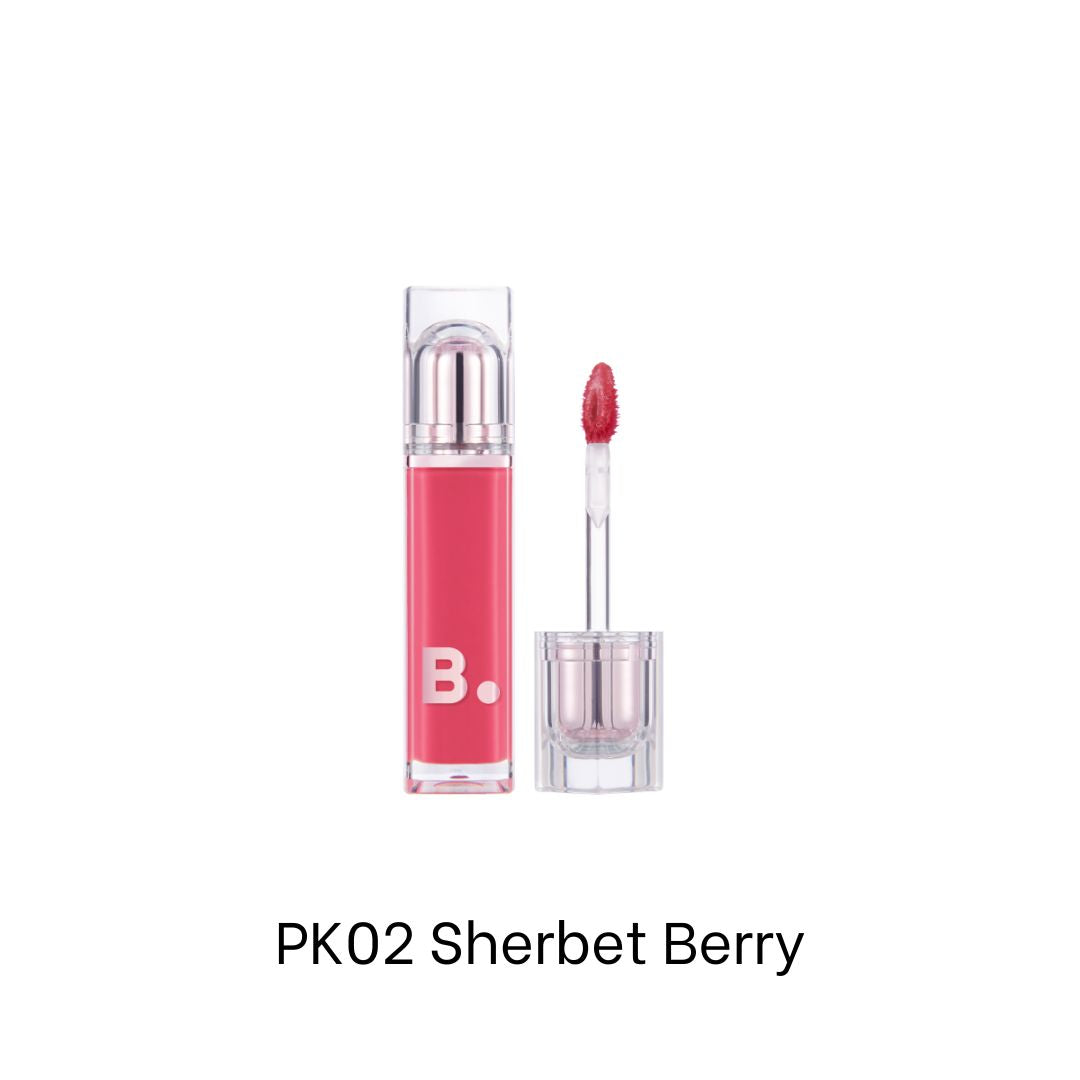 Banila Co Dew Glow Tint Lip Tint in PK02 Sherbet Berry with vibrant berry-colored lips and glossy finish.
