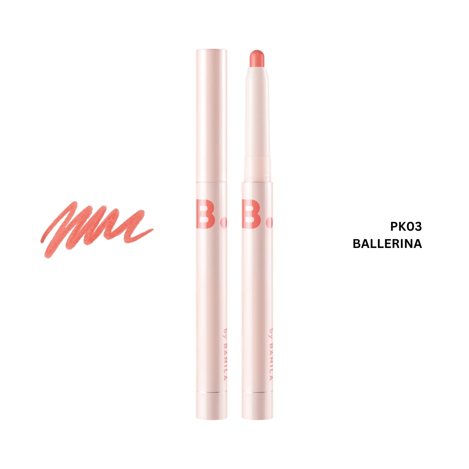 Banila Co B. By Banila Smudging Lip Pencil lip liner in PK03 shade, showing a close-up of the pencil tip and swatched color.