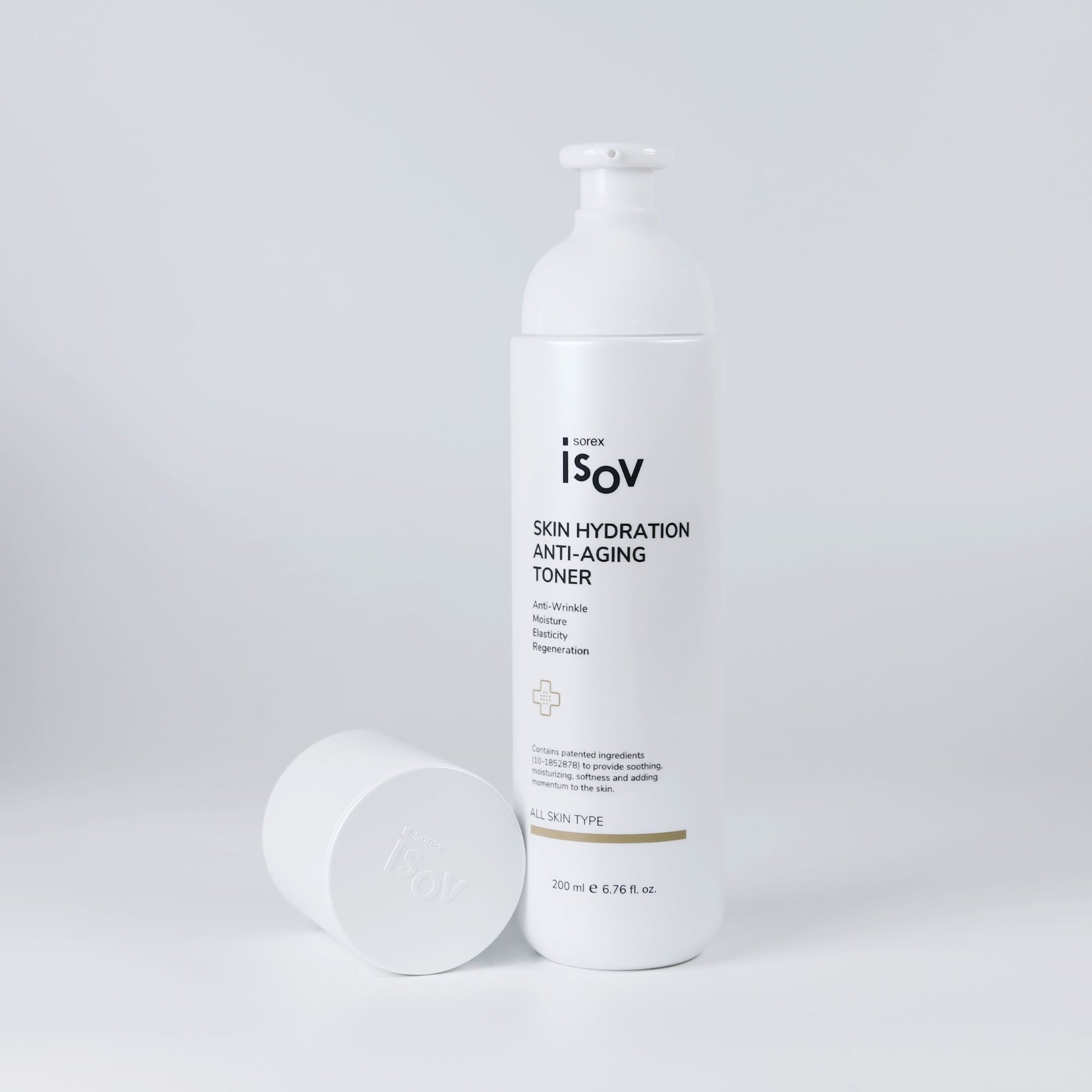 ISOV Skin Hydration Anti-Aging Toner in 200ml bottle, clear liquid with a simple label, designed for skin hydration and anti-aging.