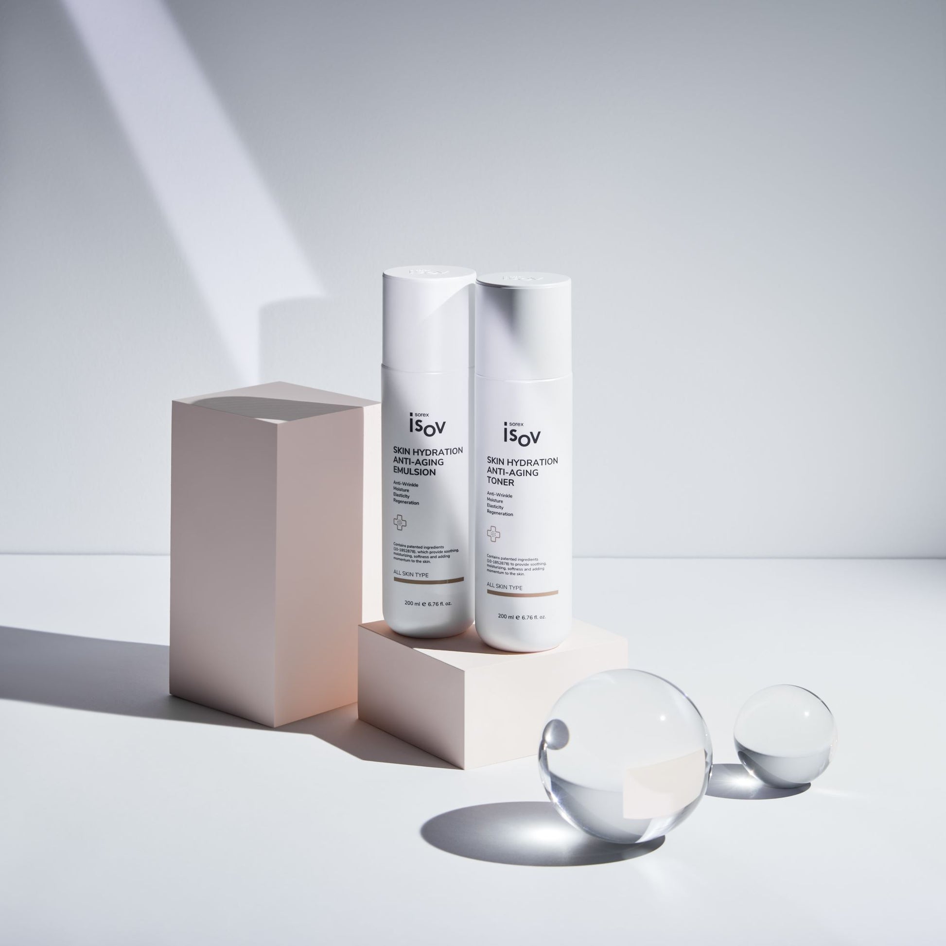 ISOV Skin Hydration Anti-Aging Toner in 200ml bottle, showing clear liquid and minimalist packaging.