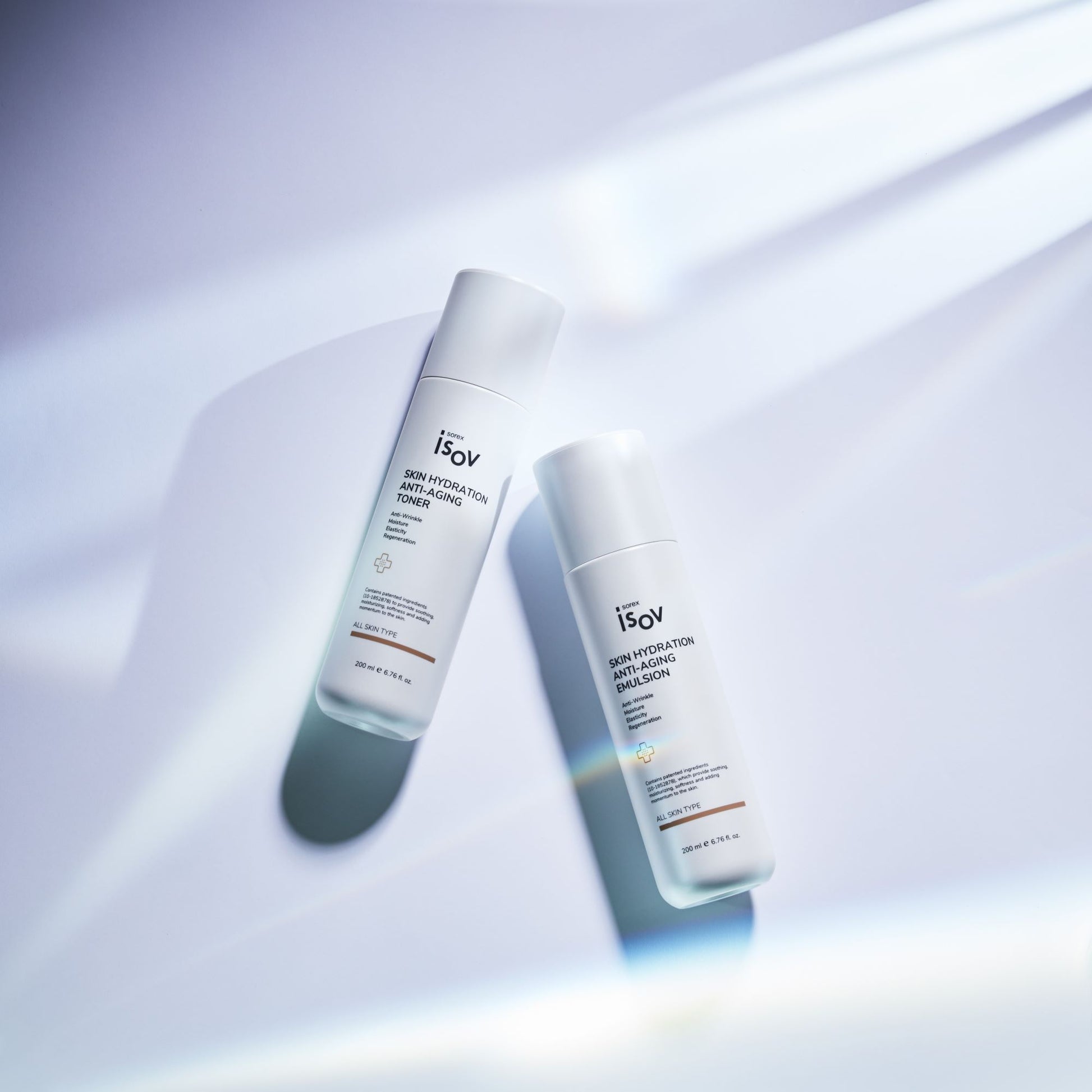 ISOV Skin Hydration Anti-Aging Toner in a 200ml bottle, showing clear liquid and minimalist packaging.