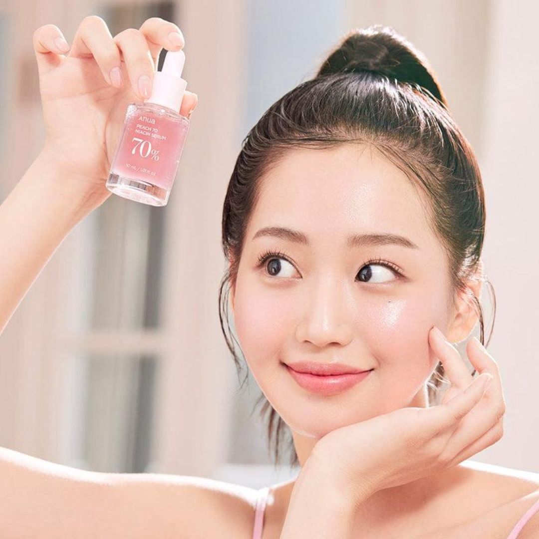 Anua Peach 70 Niacinamide Serum bottle showing the 30ml size with peach-themed packaging and product label.
