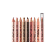 Too Cool For School Artclass Frottage Eyeshadow Pencil in sleek brown shade, shown with the pencil and swatched on skin.