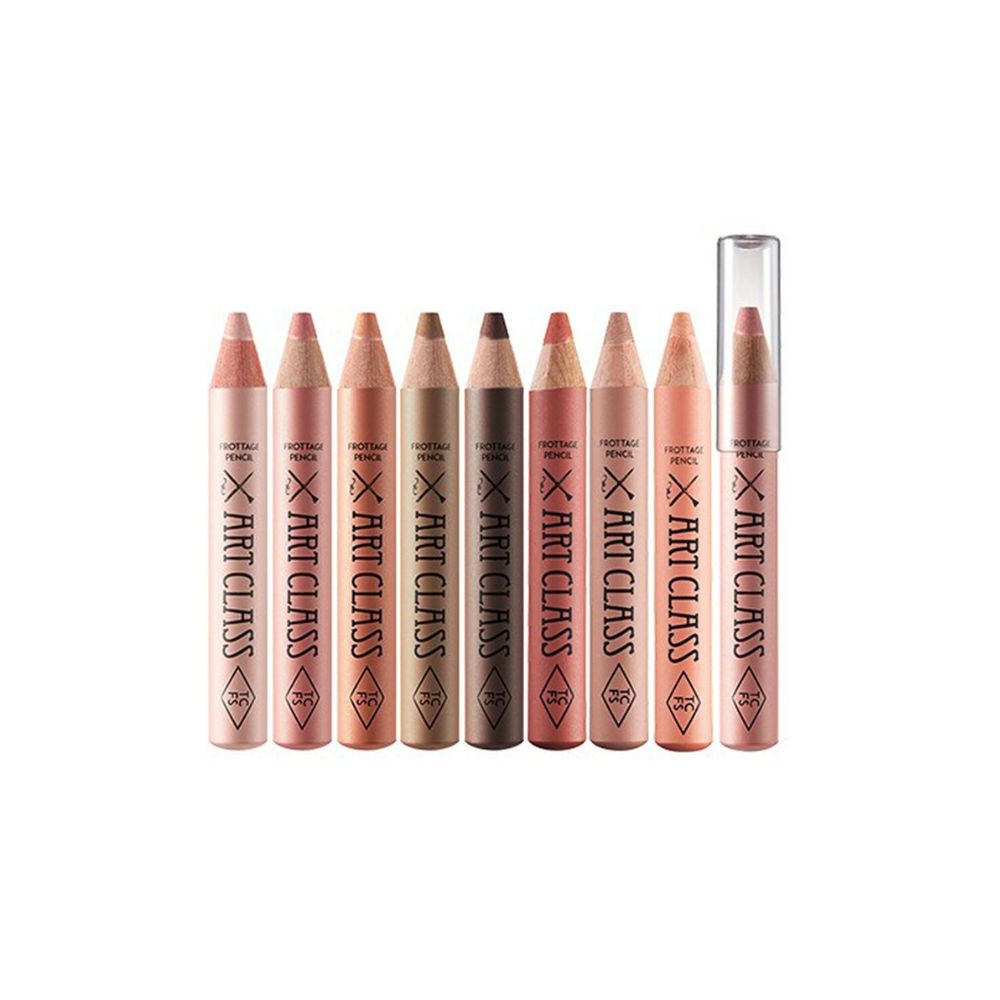 Too Cool For School Artclass Frottage Eyeshadow Pencil in sleek brown shade, shown with the pencil and swatched on skin.