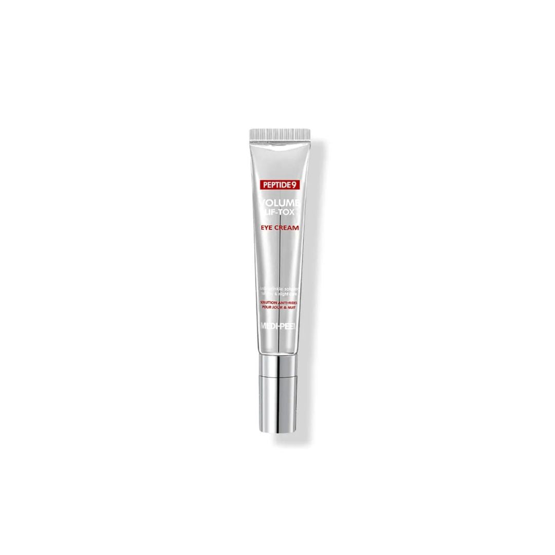 MEDIPEEL+ Peptide 9 Volume Lif Tox Eye Cream 20ml jar with smooth cream texture for eye area care and rejuvenation.
