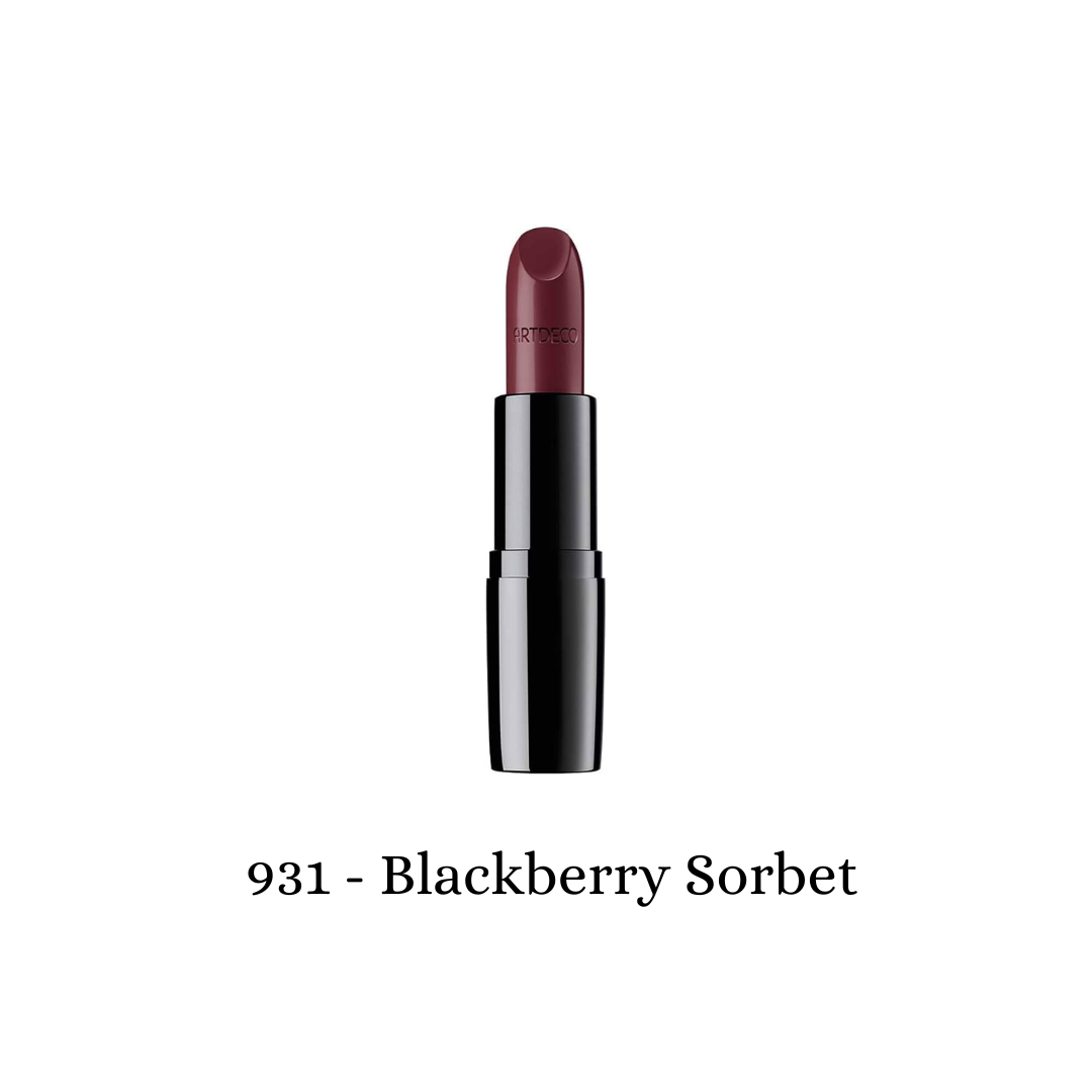ARTDECO Perfect Color Lipstick in Blackberry Sorbet shade, showing a smooth, vibrant lipstick bullet in elegant black packaging.