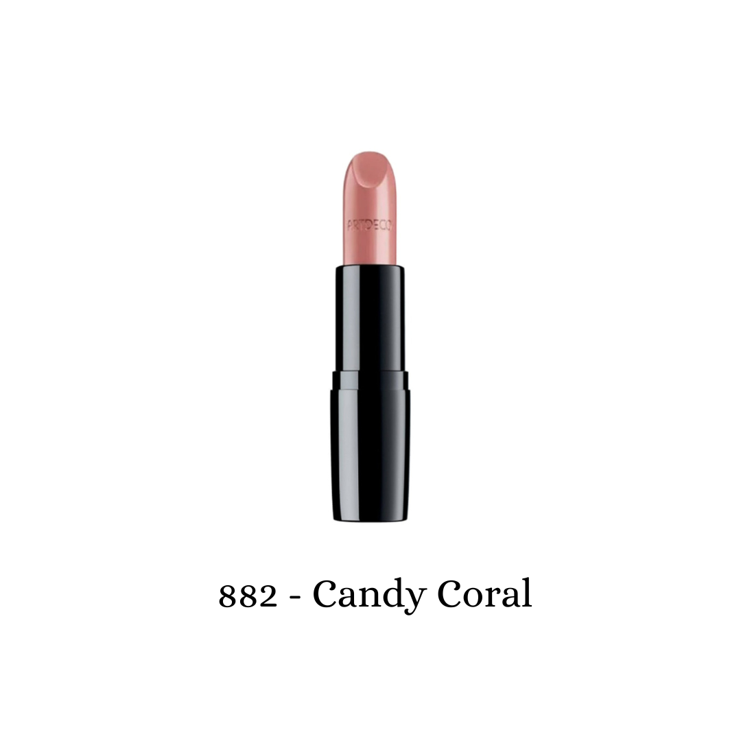 ARTDECO Perfect Color Lipstick in Candy Coral, showcasing vibrant coral shade and sleek lipstick packaging.