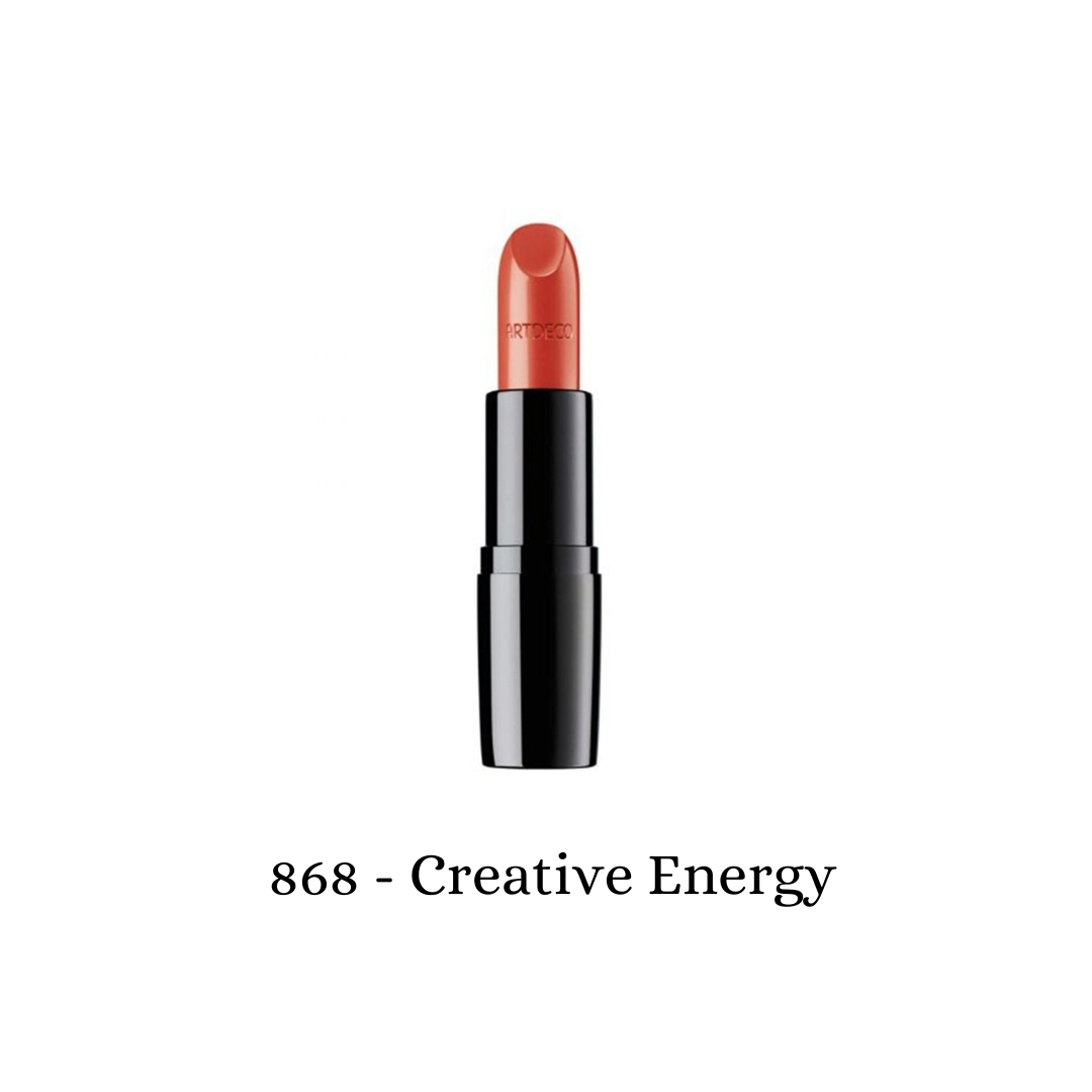 ARTDECO Perfect Color Lipstick in Creative Energy, showing a close-up of the vibrant lipstick bullet with smooth, creamy texture.