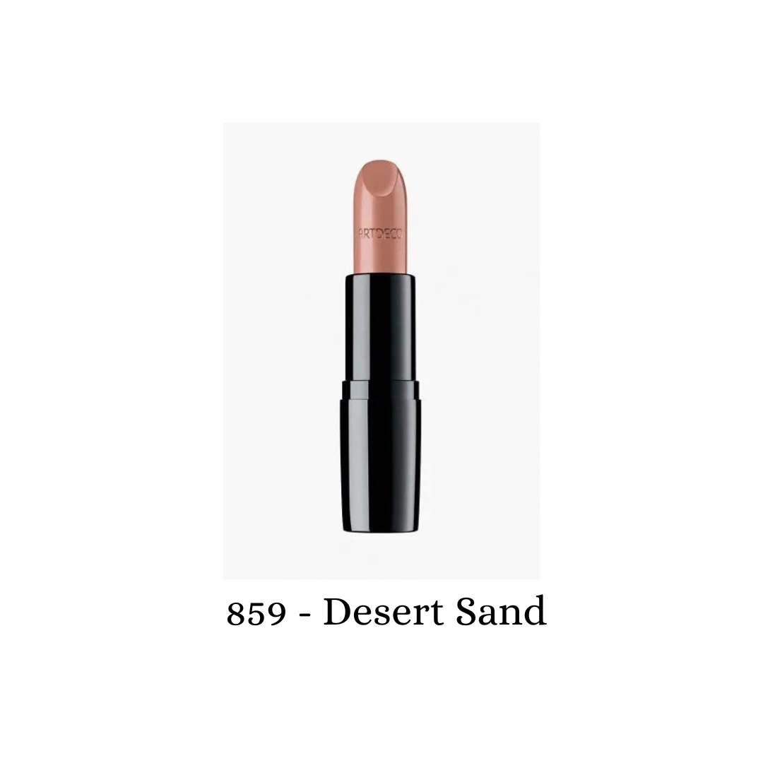 ARTDECO Perfect Color Lipstick in Desert Sand shade, showcasing a smooth, natural lipstick application with a warm nude tone.