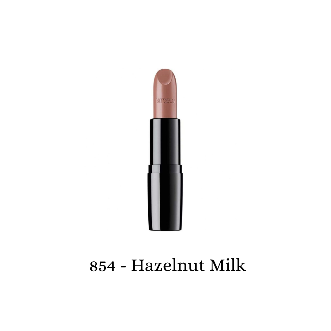 ARTDECO Perfect Color Lipstick in Hazelnut Milk with smooth, creamy texture and natural nude shade in a sleek lipstick bullet