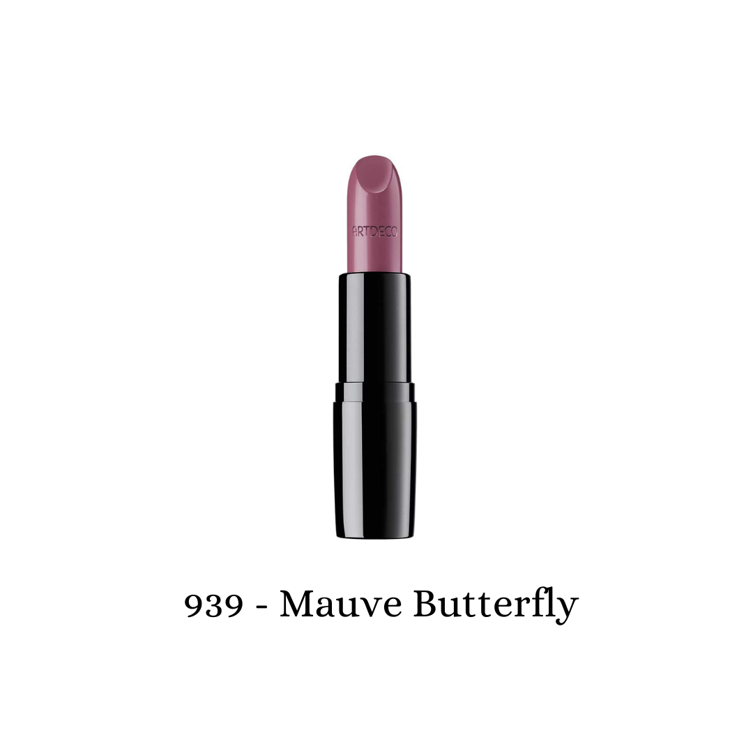 ARTDECO Perfect Color Lipstick in mauve shade, showcasing smooth, creamy texture and elegant packaging.