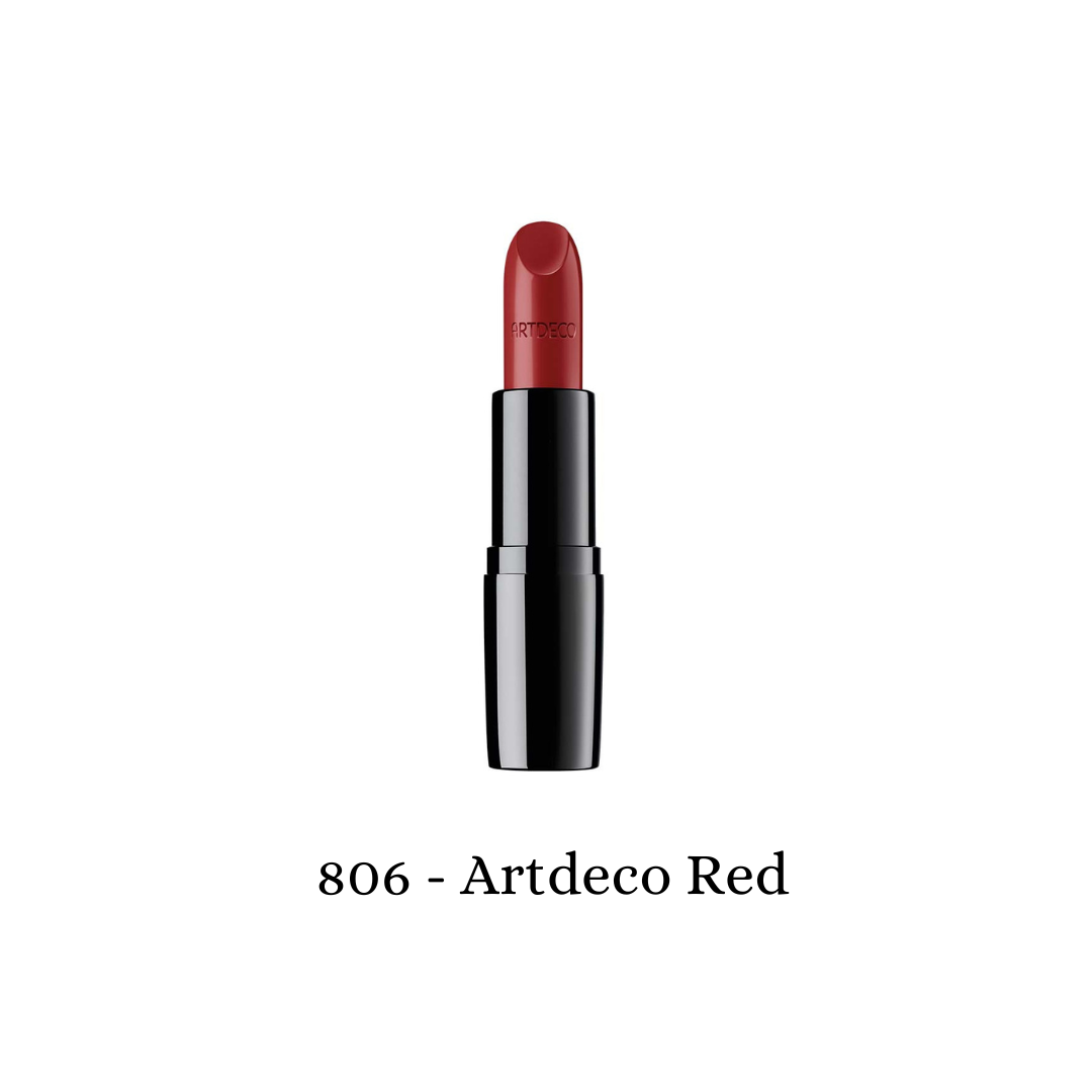 ARTDECO Perfect Color Lipstick in vibrant red, showcasing the sleek tube and smooth, richly pigmented lipstick bullet.