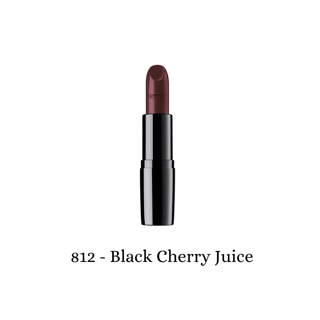 ARTDECO Perfect Color Lipstick in Black Cherry Juice shade, showcasing the sleek lipstick tube and rich, deep red color.