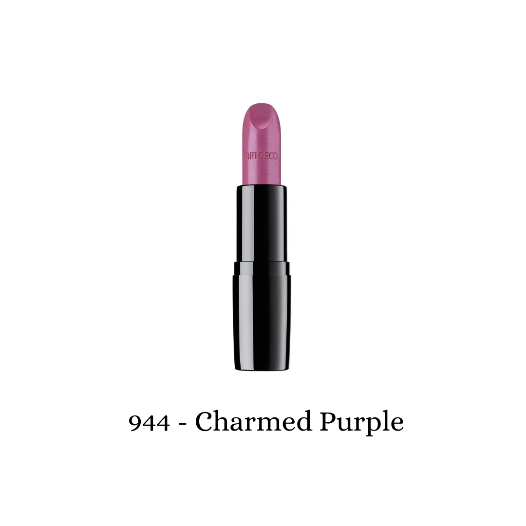 ARTDECO Perfect Color Lipstick in Charmed Purple, showing the vibrant purple shade and sleek lipstick tube.